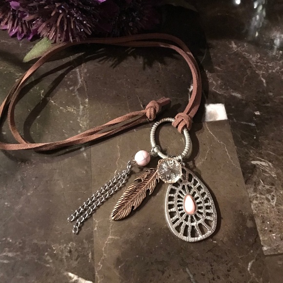 Jewelry - Brown Leather Feather Charm Necklace